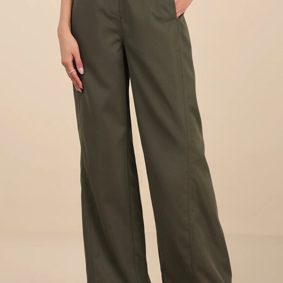 Lulus Baron Olive Green Belted High-Rise Wide-Leg Pants- Size Small- NWT - Picture 3 of 7